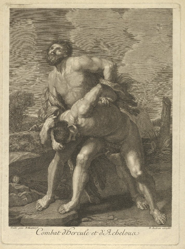 Hercules wearing a lion skin and fighting Achelous, a landscape in the background, after Reni MET DP841472