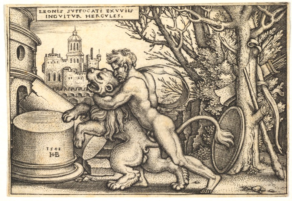 Hercules, in profile, killing the Nemean lion with his arm around its neck, from 'The labors of Hercules' MET DP828539