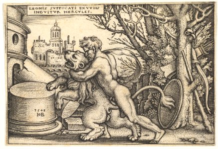 Hercules, in profile, killing the Nemean lion with his arm around its neck, from 'The labors of Hercules' MET DP828539