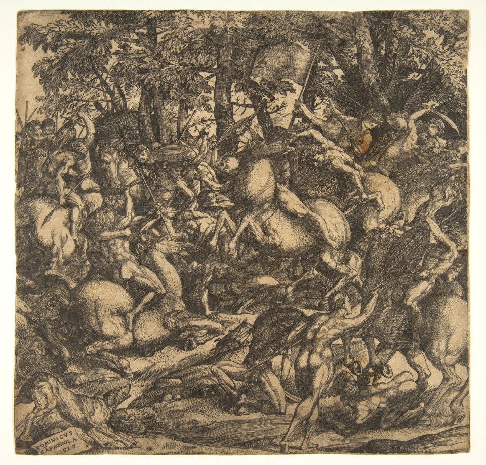 Group of naked men engaged in battle in a wooded landscape, some on horseback; a dog at lower left. MET DP813981