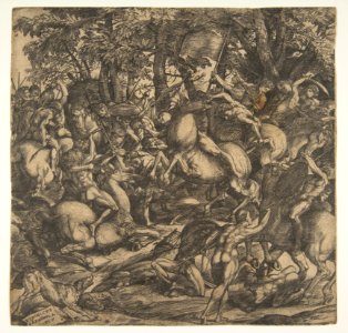 Group of naked men engaged in battle in a wooded landscape, some on horseback; a dog at lower left. MET DP813981