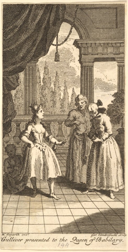 Gulliver Presented to the Queen of Babilary, Frontispiece to "The Travels of Mr. John Gulliver" MET DP825158