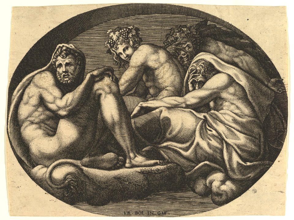 Hercules, Bacchus, Pan, and Saturn(?), from a series of eight compositions after Francesco Primaticcio's designs for the ceiling of the Ulysses Gallery (destroyed 1738-39) at Fontainebleau MET DP821346