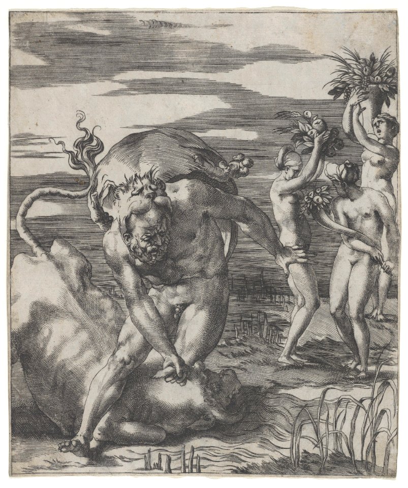 Hercules defeating the river god Acheolus in the form of a bull, with three women to his left holding cornucopias, from a series of six engravings of Herculean Subjects MET DP855254