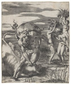 Hercules defeating the river god Acheolus in the form of a bull, with three women to his left holding cornucopias, from a series of six engravings of Herculean Subjects MET DP855254