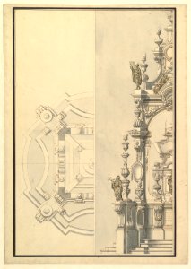 Half Ground Plan and Half Elevation for a Catafalque with Royal Crown Surmounting Casket MET DP820173