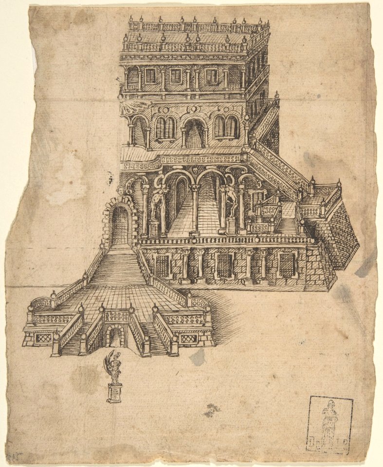 Half design for a palace - fortress with a statue in front MET DP803590