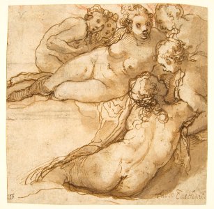 Group of Six Reclining Nude Women (Nymphs Bathing) (recto); Sketch of a Leg (verso) MET DP812239
