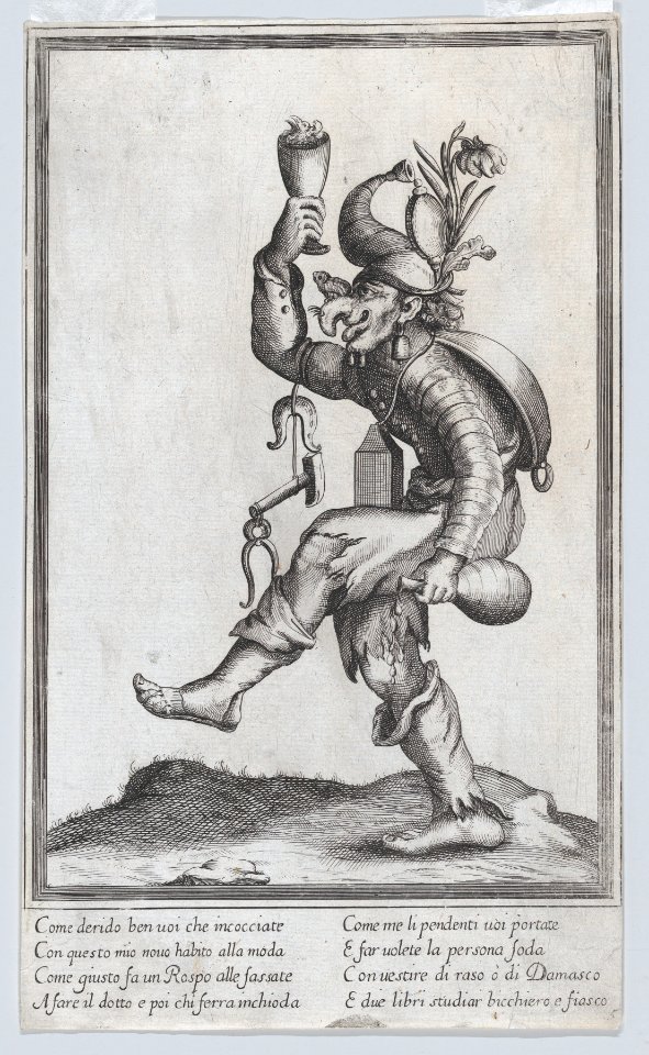 Grotesque figure (a carpenter?) with a toad on his nose, carrying various implements walking to the left MET DP872952