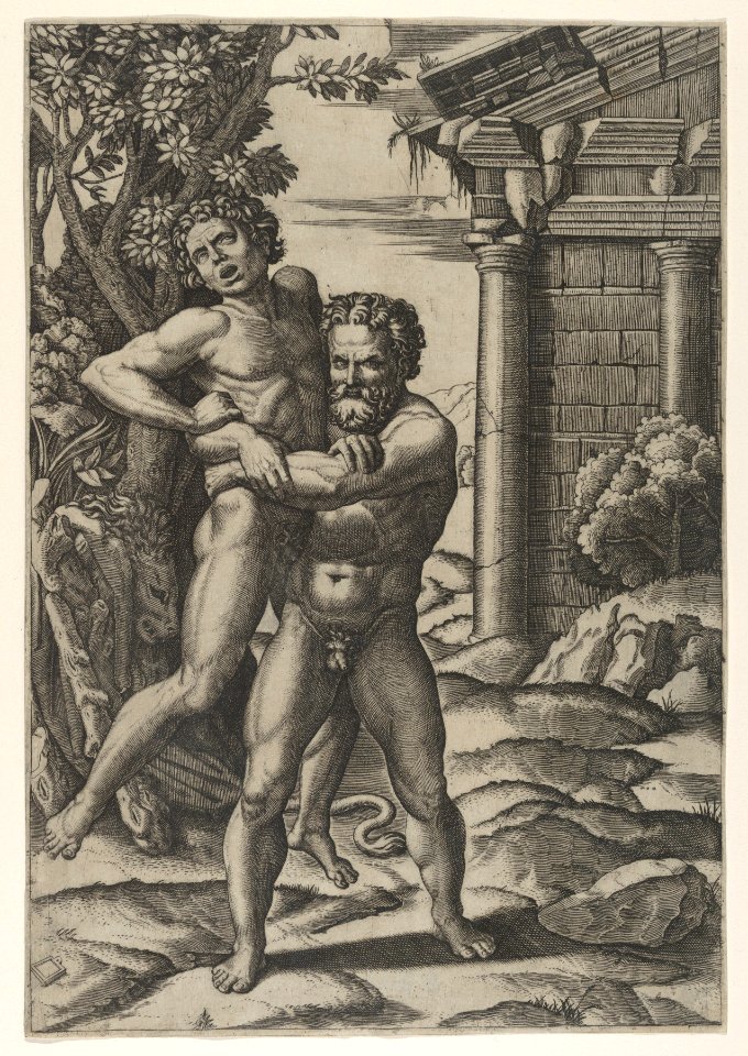 Hercules holding Antaeus by the waist and lifting him off his feet MET DP854038