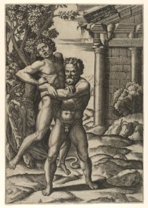 Hercules holding Antaeus by the waist and lifting him off his feet MET DP854038