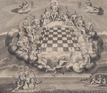 Heavenly Scene with the Gods of Olympus Surrounding a Chess Board, Poseidon and Pan Below MET DP875896 (cropped)