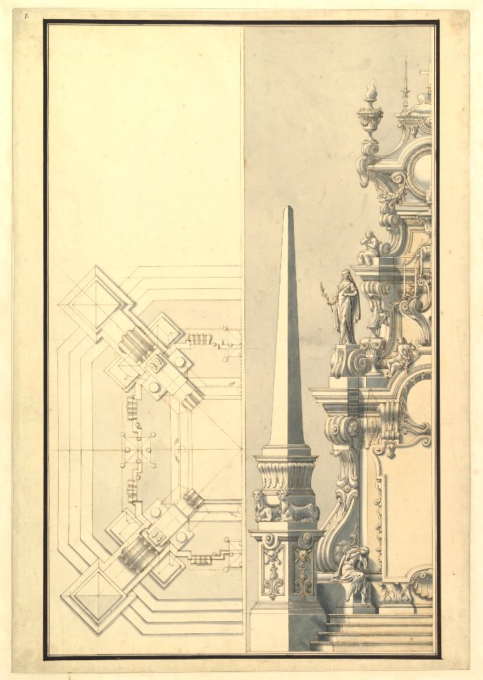 Half elevation and half ground plan for a catafalque for Margherite Louise d'Orleans, Granduchess of Tuscany (1645-1721) MET DP820089