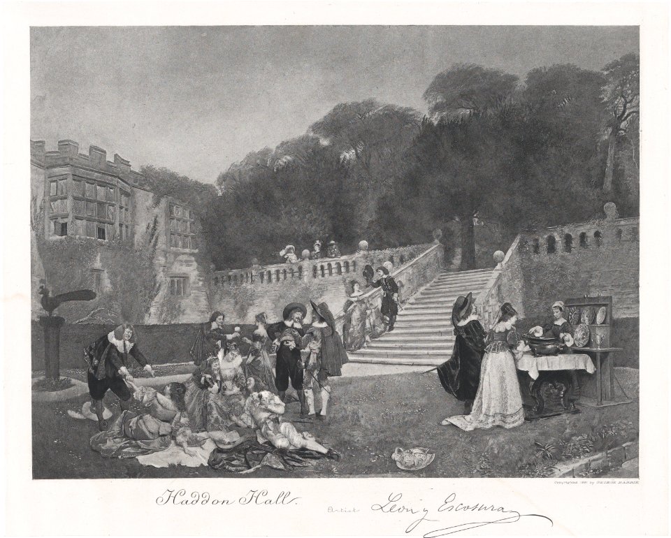 Haddon Hall with elegantly dressed figures in the foreground MET DP876070