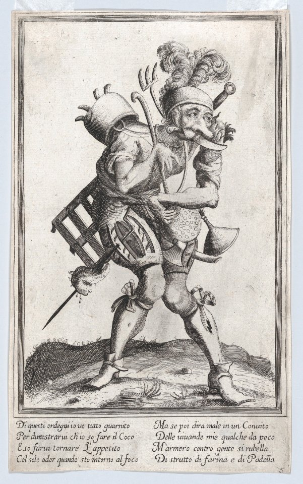 Grotesque figure representing a cook loaded with various implements and a knife in his mouth MET DP872953