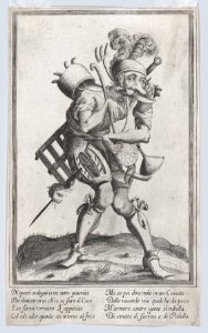 Grotesque figure representing a cook loaded with various implements and a knife in his mouth MET DP872953