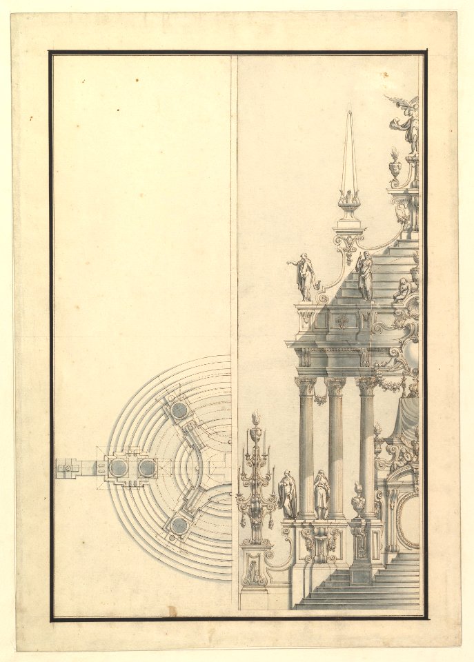 Half Elevation and Half Ground Plan for a Catafalque- Columns Supporting a Stepped Dome with 2 Obelisks Surmounted by Figure of Fame MET DP820108