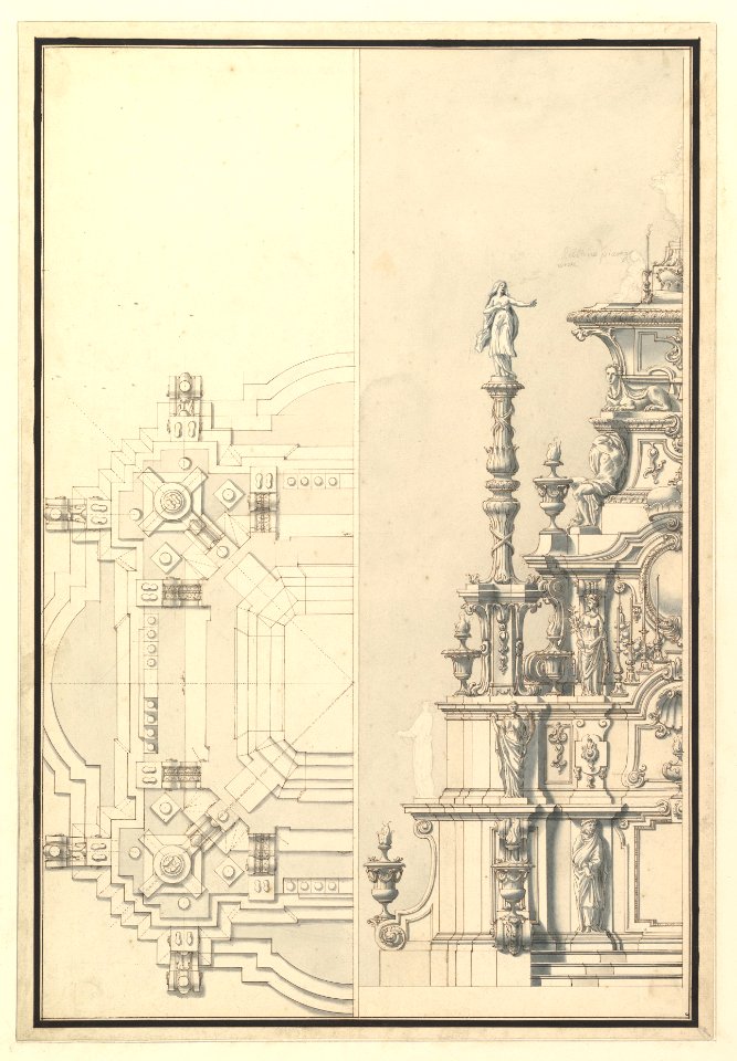 Half Elevation and Half Plan for a Catafalque for Maximilian, Elector of Bavaria, probably Maximilian II Emanuel (1662-1726) MET DP820114