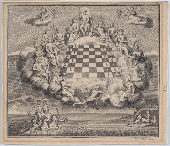 Heavenly Scene with the Gods of Olympus Surrounding a Chess Board, Poseidon and Pan Below MET DP875896