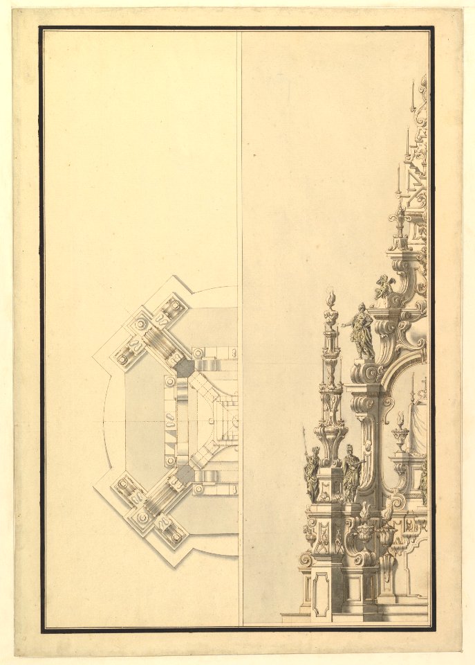 Half Plan and Half Elevation for a Catafalque with Royal Crown Surmounting the Casket MET DP820115