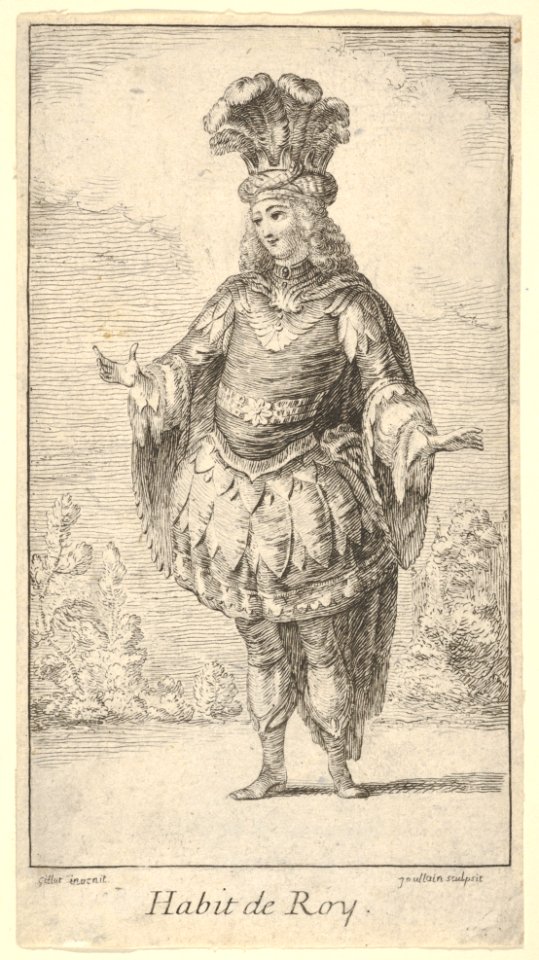 Habit de Roy- a man wearing a tonnelet decorated with rosettes, a crown and a turban with feathers on his head, from 'New designs for costumes' (Nouveaux desseins d'habillements à l'usage des balets operas et comedies) MET DP832431