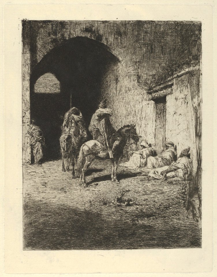 Guards on horseback at the entrance to the Kasbah in Tetuan, figures sitting on the ground MET DP854198