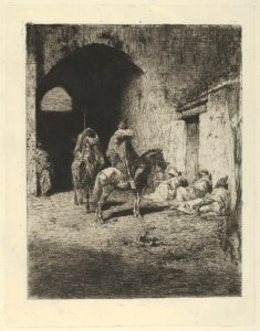 Guards on horseback at the entrance to the Kasbah in Tetuan, figures sitting on the ground MET DP854198