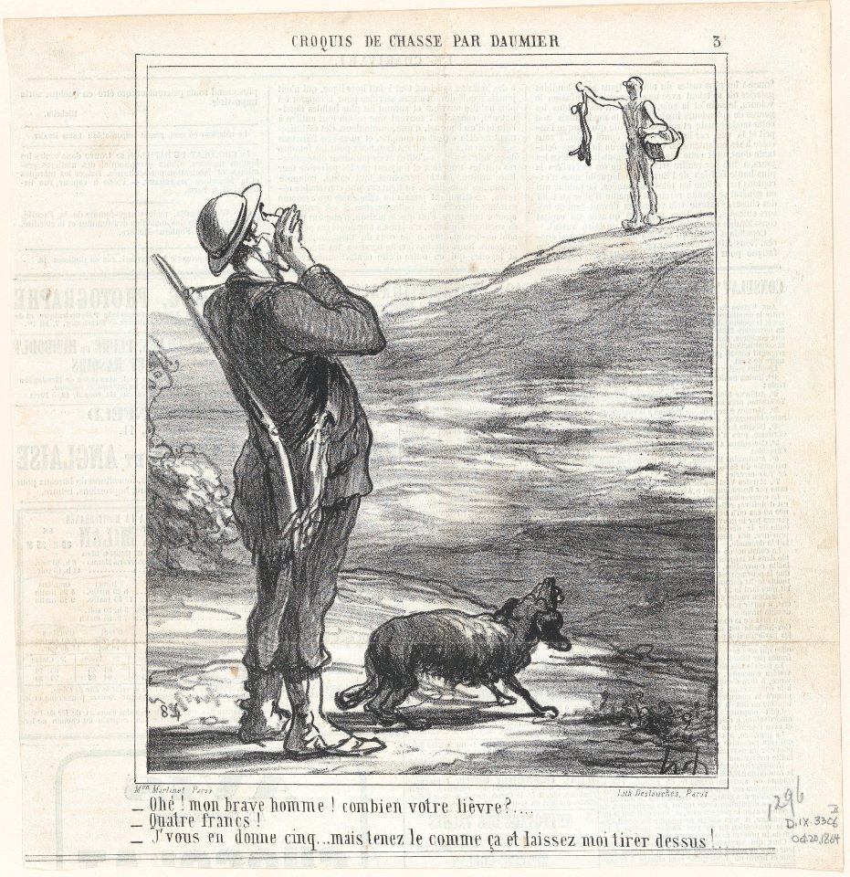 Hello! My good man! How much for your hare?, from 'Hunting sketches,' published in Le Charivari, October 20, 1864 MET DP877189