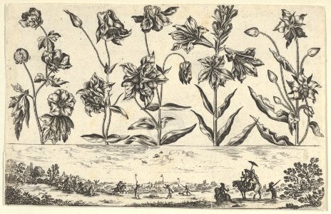 Horizontal Panel with a Row of Flowers Above a Frieze with a Hunting Scene in a Landscape, from Livre Nouveau de Fleurs Tres-Util MET DP837388