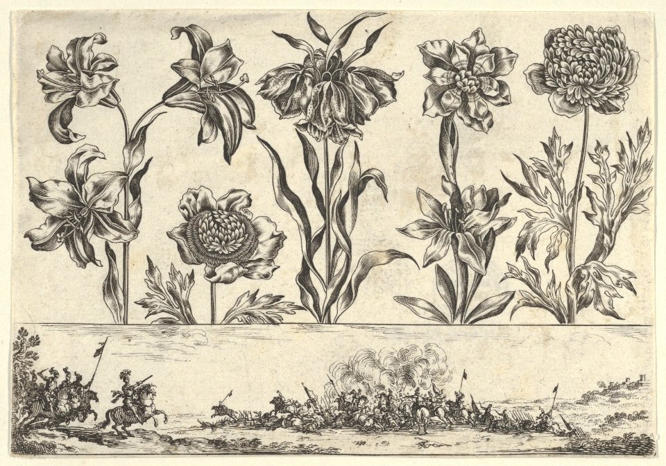 Horizontal Panel with a Row of Flowers Above a Frieze with a Battle Scene in a Landscape, from Livre Nouveau de Fleurs Tres-Util MET DP837398
