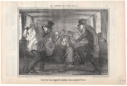 Intérieur d'un wagon de troisième classe..., from Les Agréments des Chemins de Fer, published in Le Charivari, December 13, 1856 MET DP876534