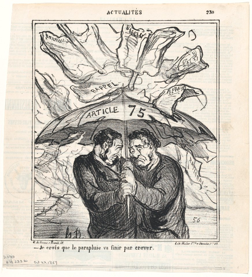 I think this umbrella is going to collapse pretty soon, from 'News of the day,' published in Le Charivari, October 23, 1869 MET DP877886
