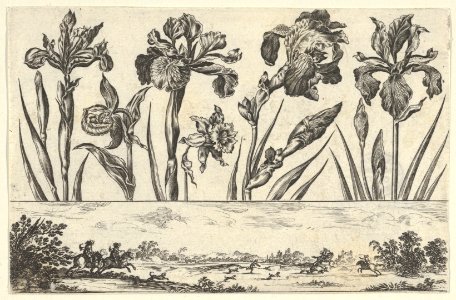 Horizontal Panel with a Row of Flowers Above a Frieze with a Hunting Scene in a Landscape, from Livre Nouveau de Fleurs Tres-Util MET DP837394