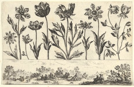 Horizontal Panel with a Row of Flowers Above a Frieze with Figures in a Landscape, from Livre Nouveau de Fleurs Tres-Util MET DP837389