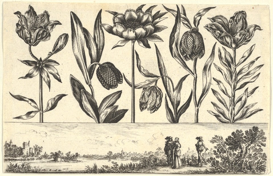Horizontal Panel with a Row of Flowers Above a Frieze with Figures in a Landscape, from Livre Nouveau de Fleurs Tres-Util MET DP837390
