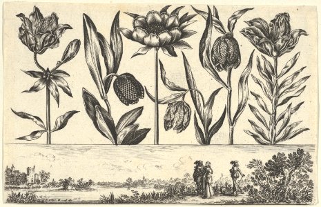 Horizontal Panel with a Row of Flowers Above a Frieze with Figures in a Landscape, from Livre Nouveau de Fleurs Tres-Util MET DP837390