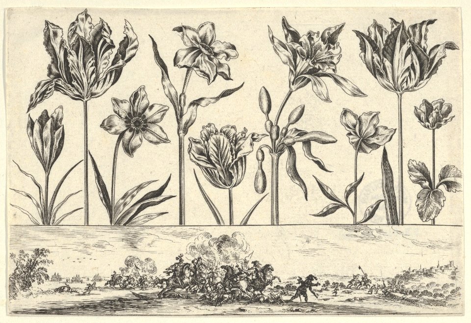 Horizontal Panel with a Row of Flowers Above a Frieze with a Battle Scene in a Landscape, from Livre Nouveau de Fleurs Tres-Util MET DP837395