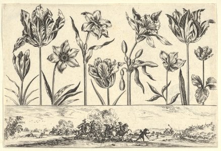 Horizontal Panel with a Row of Flowers Above a Frieze with a Battle Scene in a Landscape, from Livre Nouveau de Fleurs Tres-Util MET DP837395