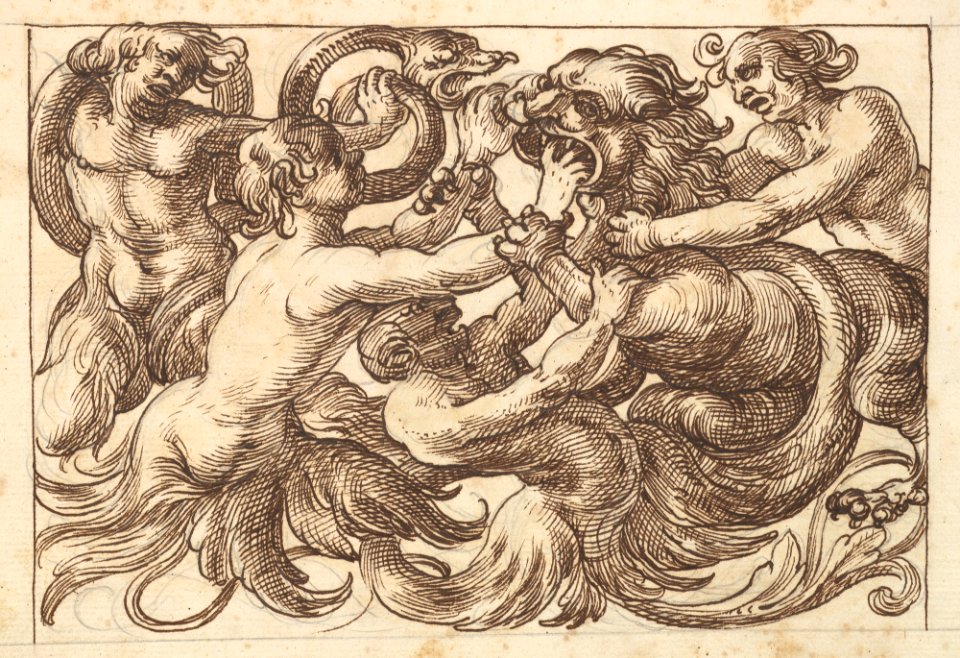 Horizontal Panel Design with Four Male Figures Fighting a Lion MET DP824425