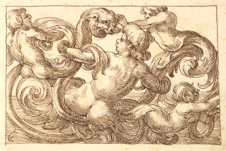 Horizontal Panel Design with Four Hybrid Male Figures and a Fantastical Creature Interspersed between Acanthus Rinceaux MET DP824449