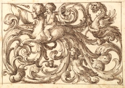 Horizontal Panel Design with a Sphinx, Two Putti and a Lionesque Fantastical Creature Interspersed Between Acanthus Rinceaux. MET DP824445