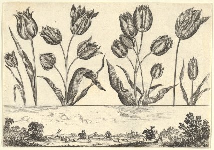 Horizontal Panel with a Row of Flowers Above a Frieze with a Hunting Scene in a Landscape, from Livre Nouveau de Fleurs Tres-Util MET DP837393