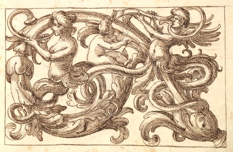 Horizontal Panel Design with Two Male Figures and a Putto Interspersed between Acanthus Rinceaux MET DP824447