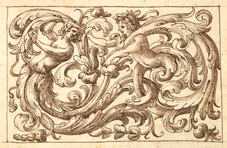 Horizontal Panel Design with Two Young Male Figures Interspersed between Acanthus Rinceaux MET DP824430