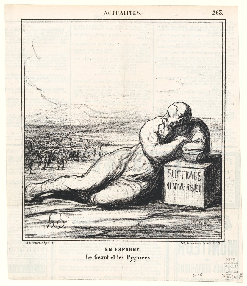 In Spain- the giant and the pygmies, from 'News of the day,' published in Le Charivari, December 9, 1868 MET DP877727