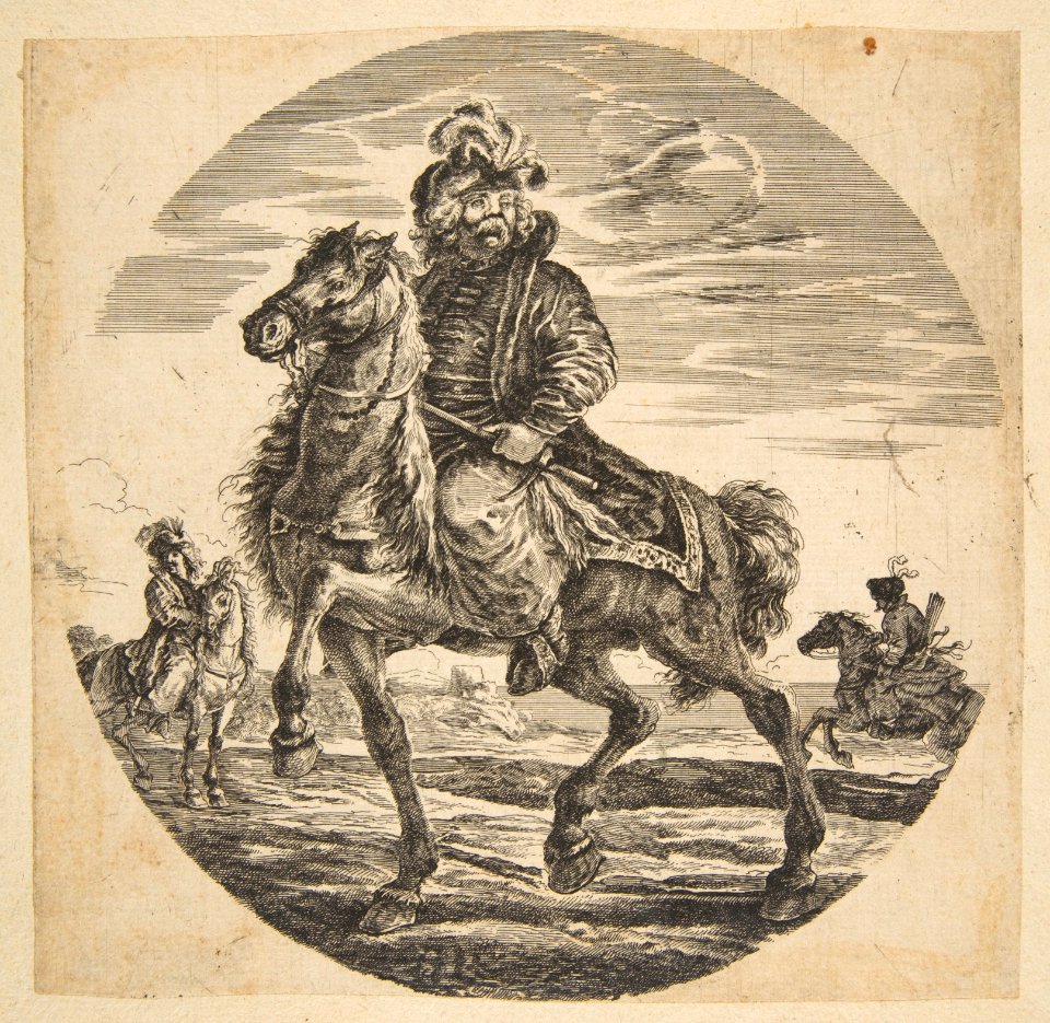 Hungarian horseman riding towards the left, other horsemen in the background, a circular composition from 'Figures on Horseback' (Cavaliers nègres, polonais et hongrois) MET DP817579
