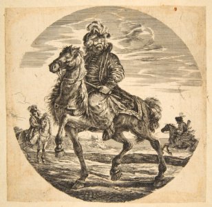 Hungarian horseman riding towards the left, other horsemen in the background, a circular composition from 'Figures on Horseback' (Cavaliers nègres, polonais et hongrois) MET DP817579
