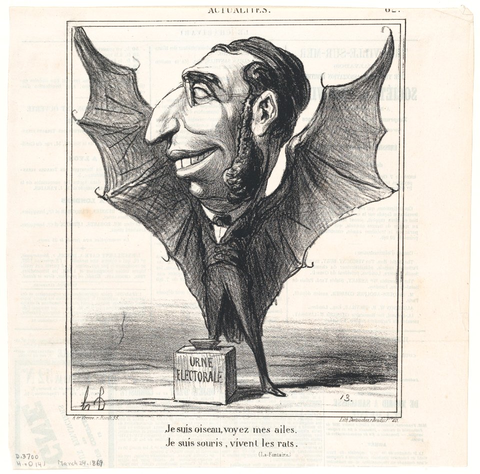 I am a bird, see my wings. I am a bat, long live the rats (La Fontaine), from 'News of the day,' published in Le Charivari, March 24, 1869 MET DP877768