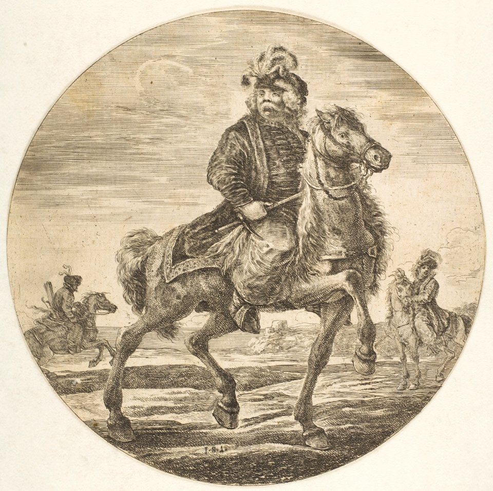 Hungarian horseman riding towards the right, other horsemen in the background, a circular composition from 'Figures on Horseback' (Cavaliers nègres, polonais et hongrois) MET DP817570