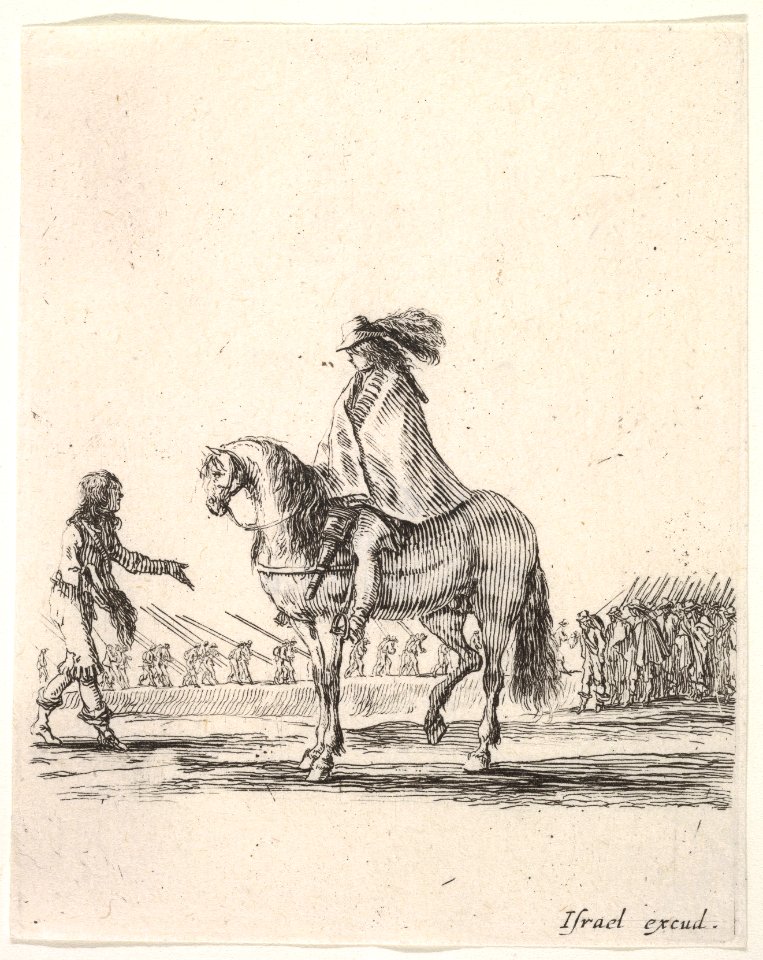 Horseman in center facing left speaking to a man on foot, infantry troops in a line in the background, from 'Various cavalry exercises' (Diverses exercices de cavalerie) MET DP833142